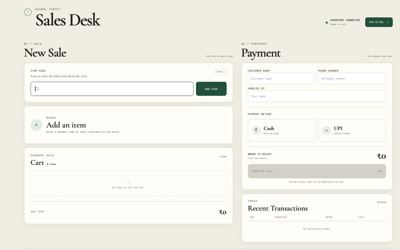 Thrift Hub Sales Desk interface
